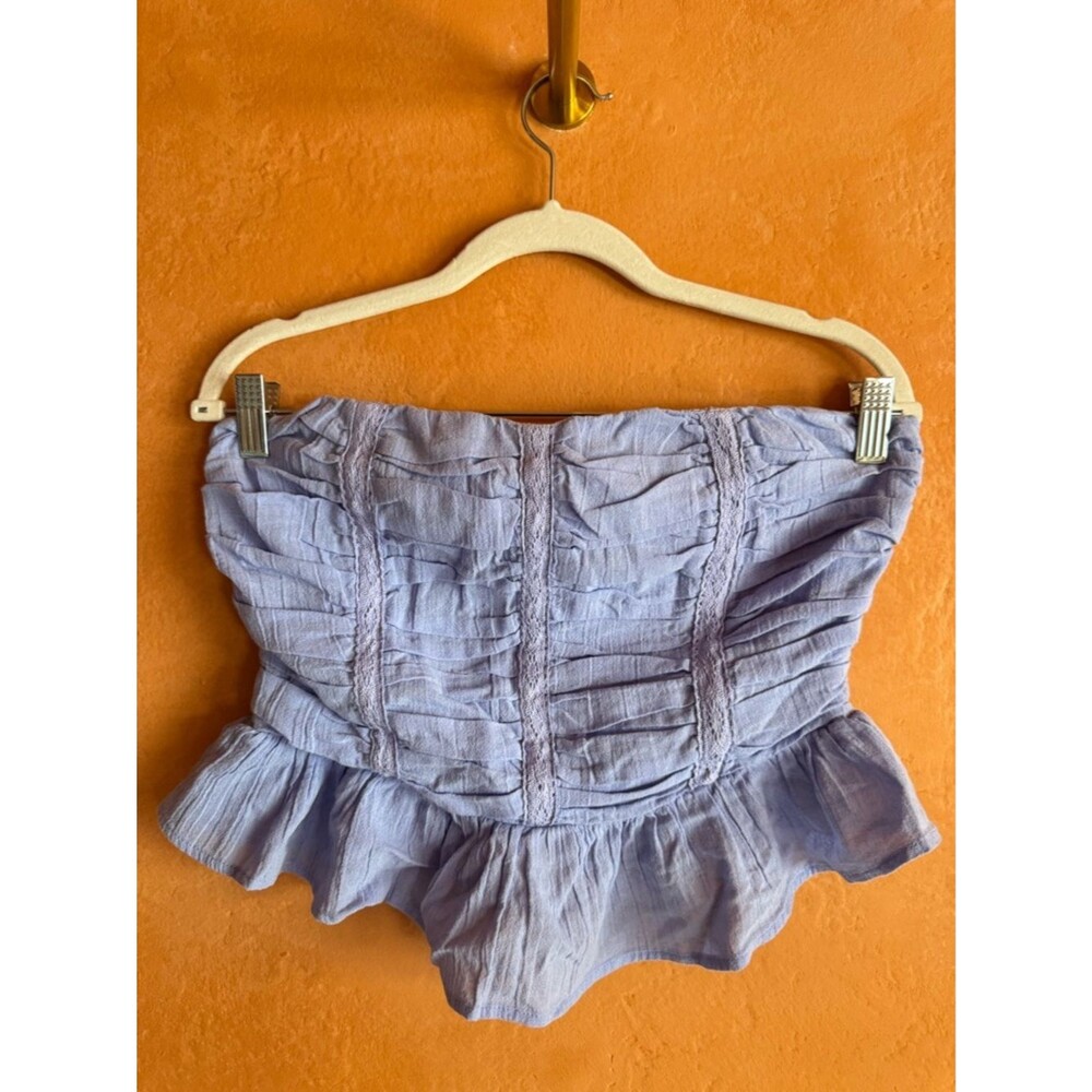 Free People Blue Smocked Tube Top Ruffle Crop Boho Medium NWT